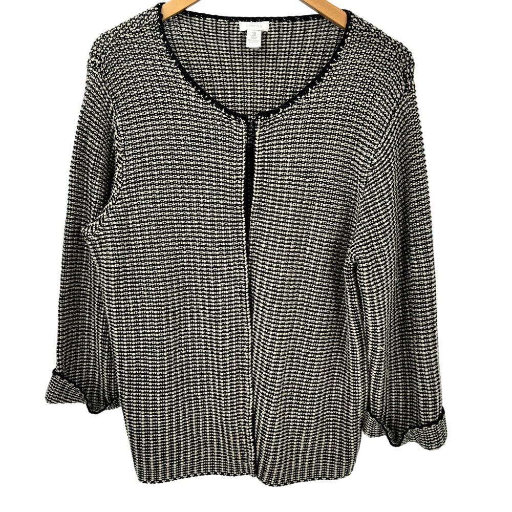 Chico's Sweater Womens XL Open Cardigan Single Clasp Tan Black Knit